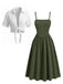 2PCS Abito Midi Verde Anni '50 Smock a Bretelle e Camicia Corta