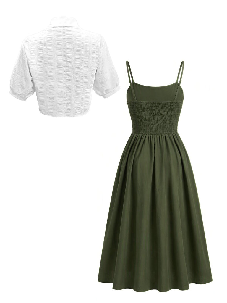 2PCS Abito Midi Verde Anni '50 Smock a Bretelle e Camicia Corta