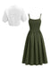 2PCS Abito Midi Verde Anni '50 Smock a Bretelle e Camicia Corta