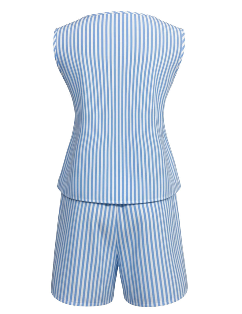 Blue 1940s Vintage Floral Striped Two Piece Set 3