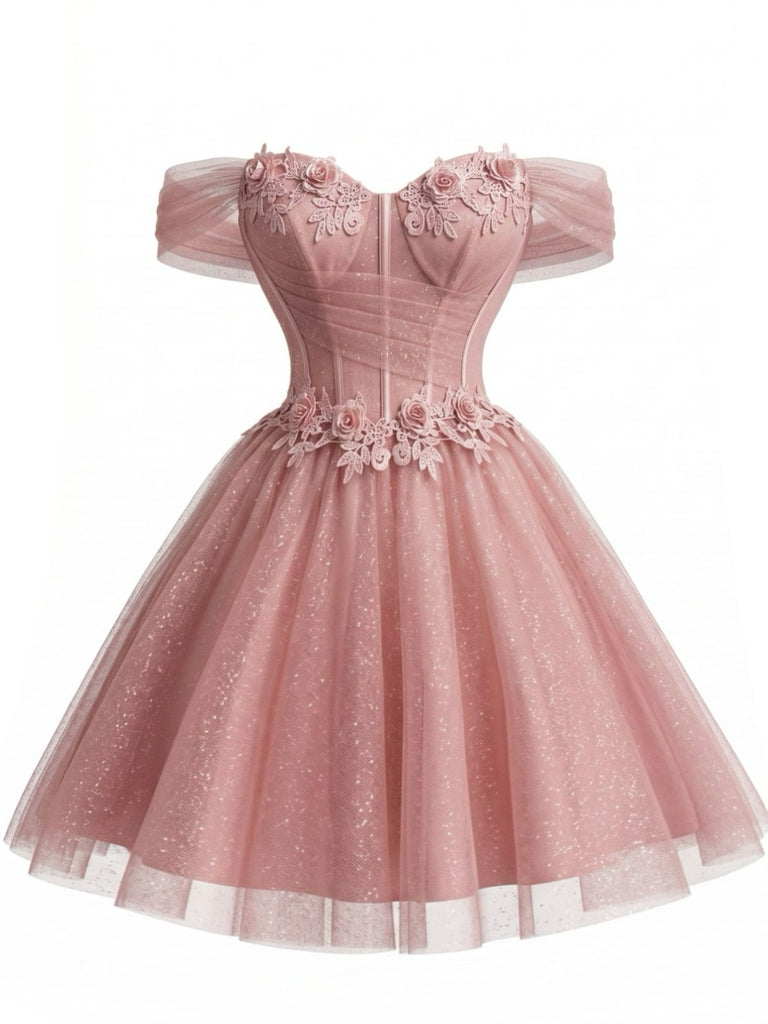 Abito da Ballo Rosa Anni '50 Floreale con Paillettes in Tulle