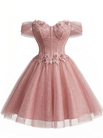 Abito da Ballo Rosa Anni '50 Floreale con Paillettes in Tulle
