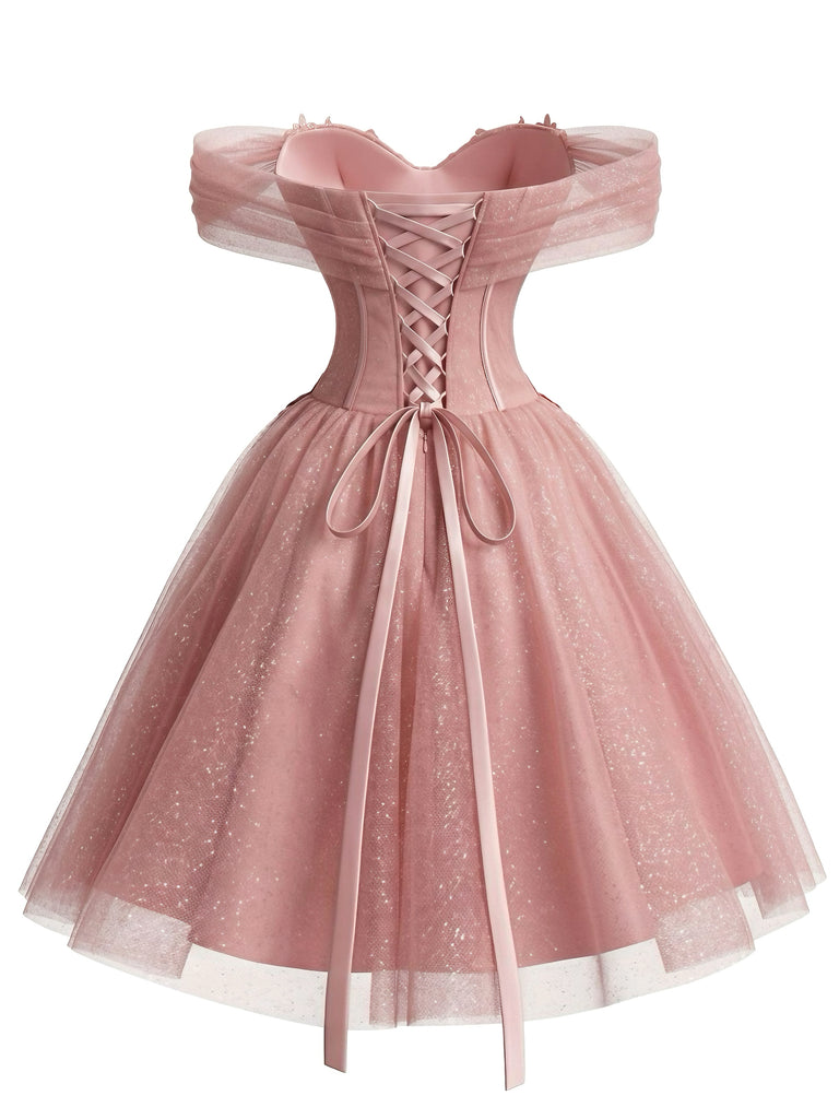 Abito da Ballo Rosa Anni '50 Floreale con Paillettes in Tulle