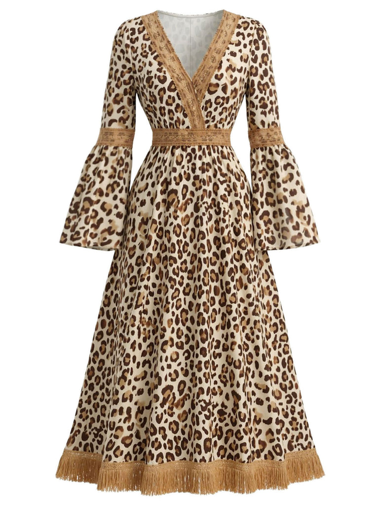 [Prevendita] Abito Senape Anni '70 Boho Leopardato con Scollo a V Frange e Maniche a Campana 2