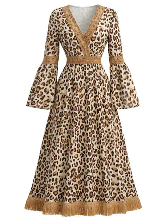 [Prevendita] Abito Senape Anni '70 Boho Leopardato con Scollo a V Frange e Maniche a Campana 2