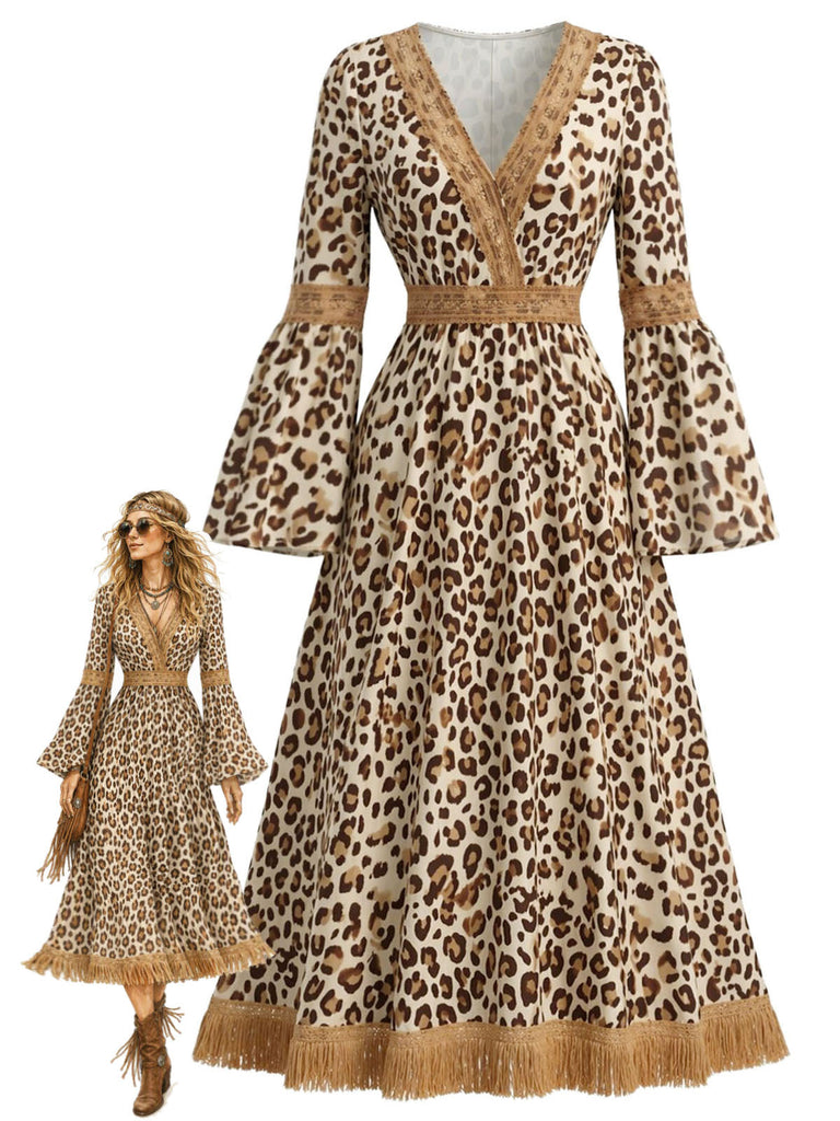 [Prevendita] Abito Senape Anni '70 Boho Leopardato con Scollo a V Frange e Maniche a Campana