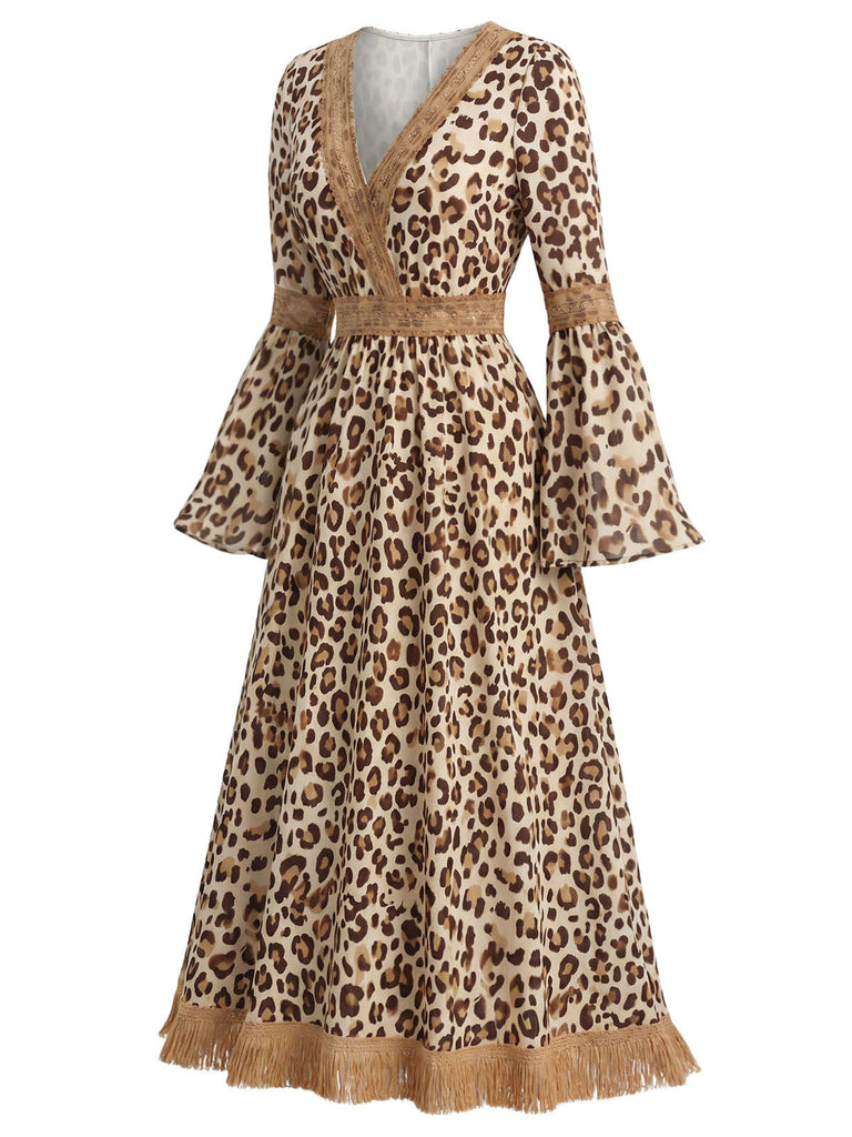[Prevendita] Abito Senape Anni '70 Boho Leopardato con Scollo a V Frange e Maniche a Campana 3