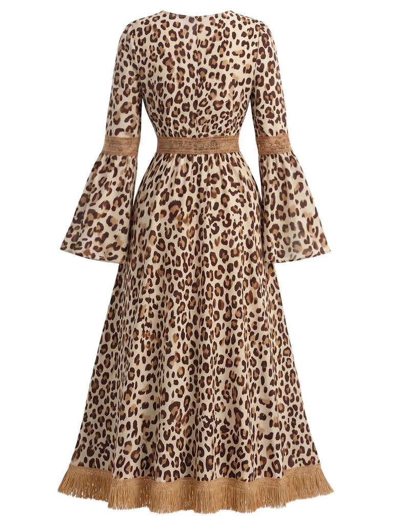 [Prevendita] Abito Senape Anni '70 Boho Leopardato con Scollo a V Frange e Maniche a Campana 4
