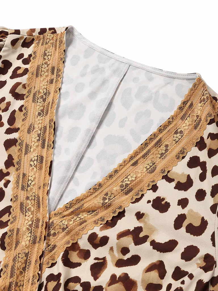 [Prevendita] Abito Senape Anni '70 Boho Leopardato con Scollo a V Frange e Maniche a Campana 5