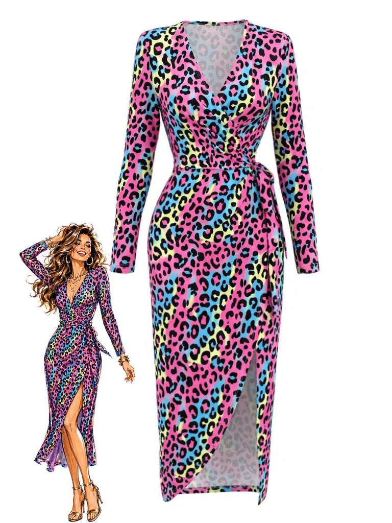 [Prevendita] Abito Multicolore Anni '80 in Maglia con Stampa Leopardo Neon e Chiusura a Portafoglio