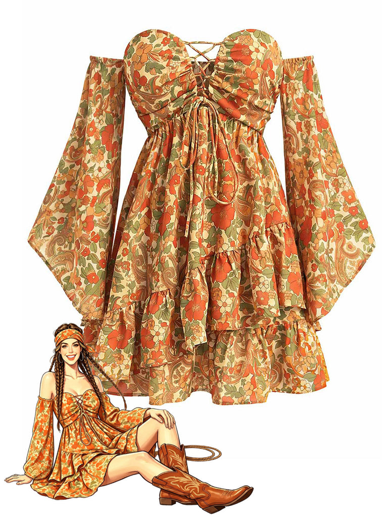 [Prevendita] Abito Mini Bohémien Maniche Svasate Floreale con Lacci Giallo Scuro Anni '70
