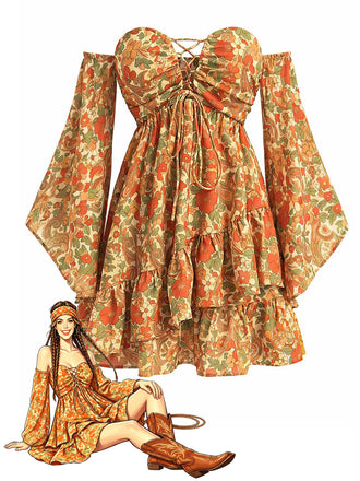 [Prevendita] Abito Mini Bohémien Maniche Svasate Floreale con Lacci Giallo Scuro Anni '70