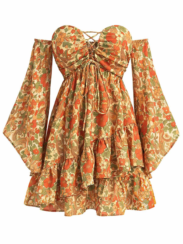 [Prevendita] Abito Mini Bohémien Maniche Svasate Floreale con Lacci Giallo Scuro Anni '70 3