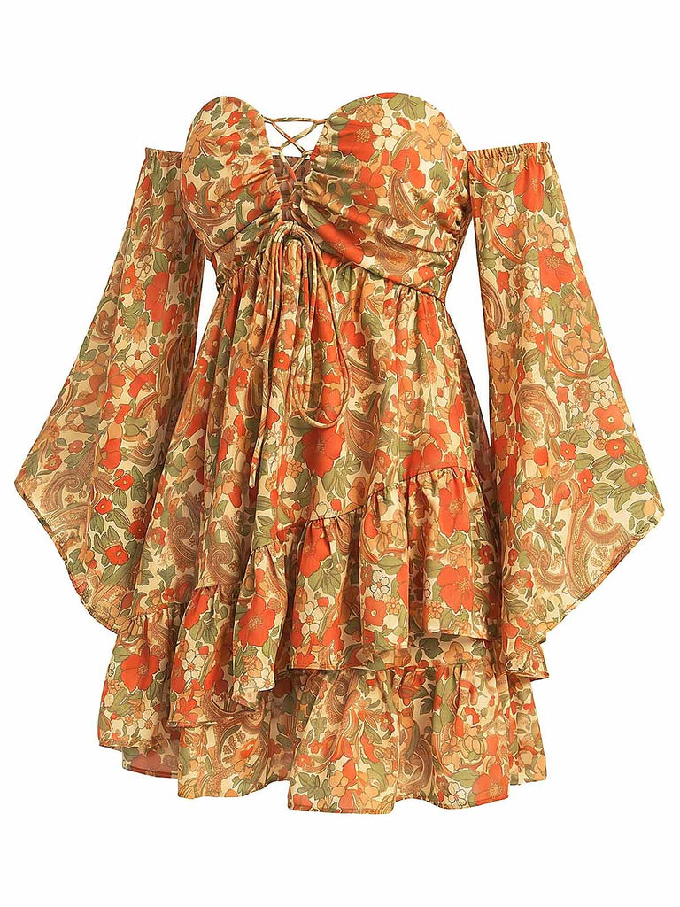 [Prevendita] Abito Mini Bohémien Maniche Svasate Floreale con Lacci Giallo Scuro Anni '70 4