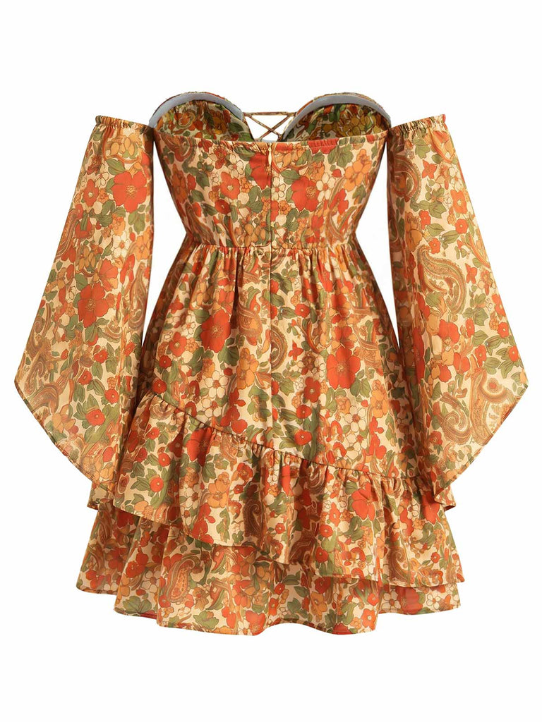 [Prevendita] Abito Mini Bohémien Maniche Svasate Floreale con Lacci Giallo Scuro Anni '70 5