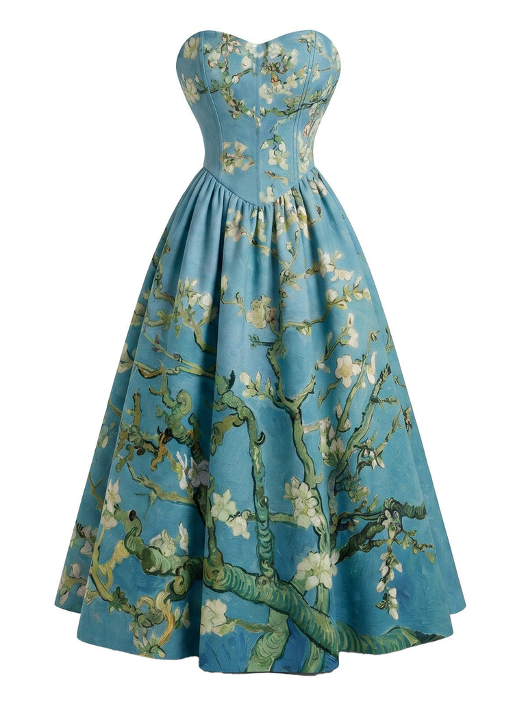 [Prevendita] Abito Azzurro Baby Anni '50 Mandorlo in Fiore Scollo a Cuore Senza Spalline