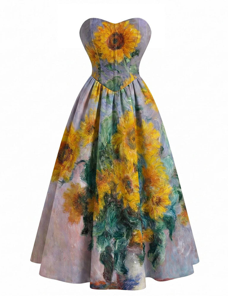 [Prevendita] Abito Lavanda con Girasoli Scollo a Cuore Senza Spalline Anni '50