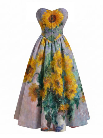 [Prevendita] Abito Lavanda con Girasoli Scollo a Cuore Senza Spalline Anni '50