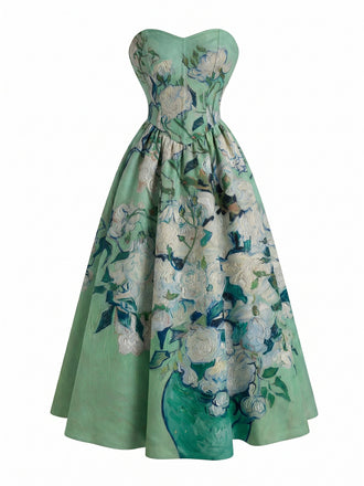 [Prevendita] Abito Verde Anni '50 con Ninfea e Scollo a Cuore e Senza Spalline