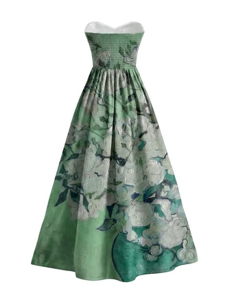 [Prevendita] Abito Verde Anni '50 con Ninfea e Scollo a Cuore e Senza Spalline