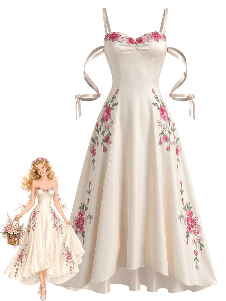 [Prevendita] Abito Slip Bianco in Satin 3D-Floreale Traforato Anni '40