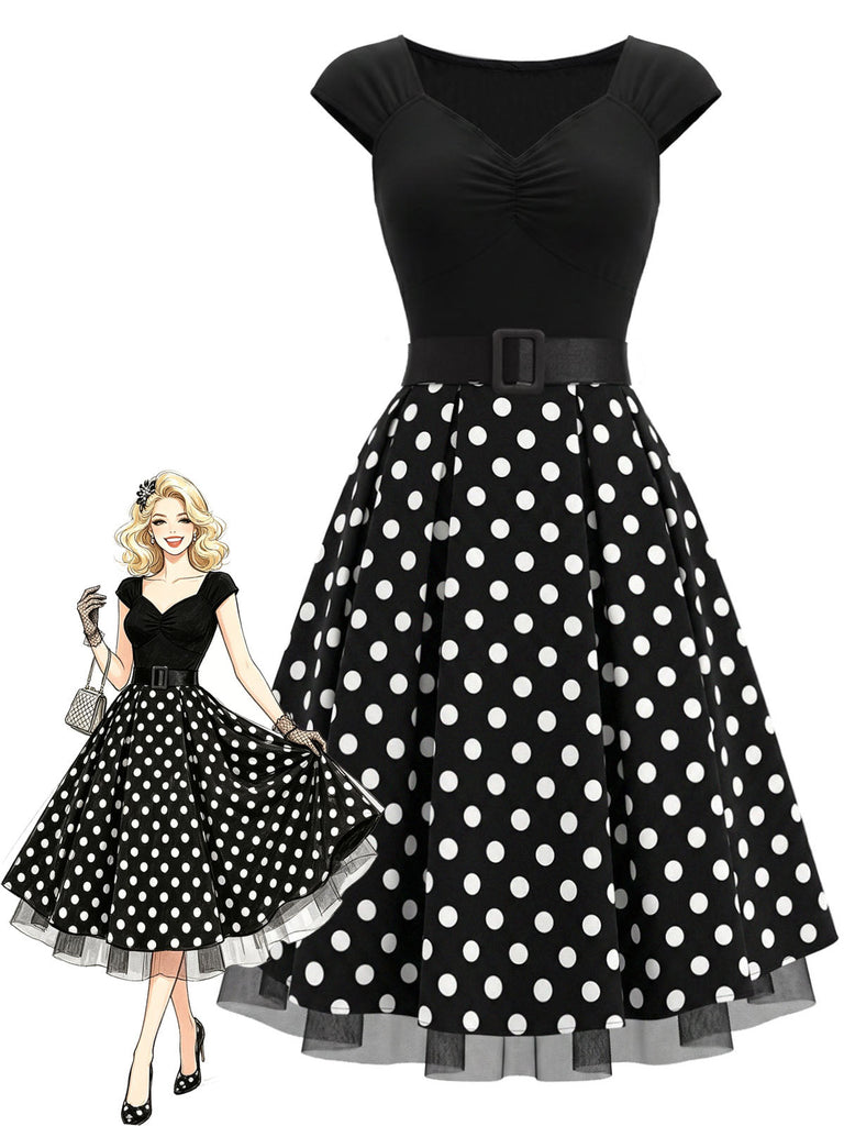 [Prevendita] Abito Svasato Nero a Pois in Maglia con Maniche Corte e Cintura Anni '50