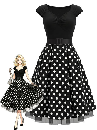 [Prevendita] Abito Svasato Nero a Pois in Maglia con Maniche Corte e Cintura Anni '50