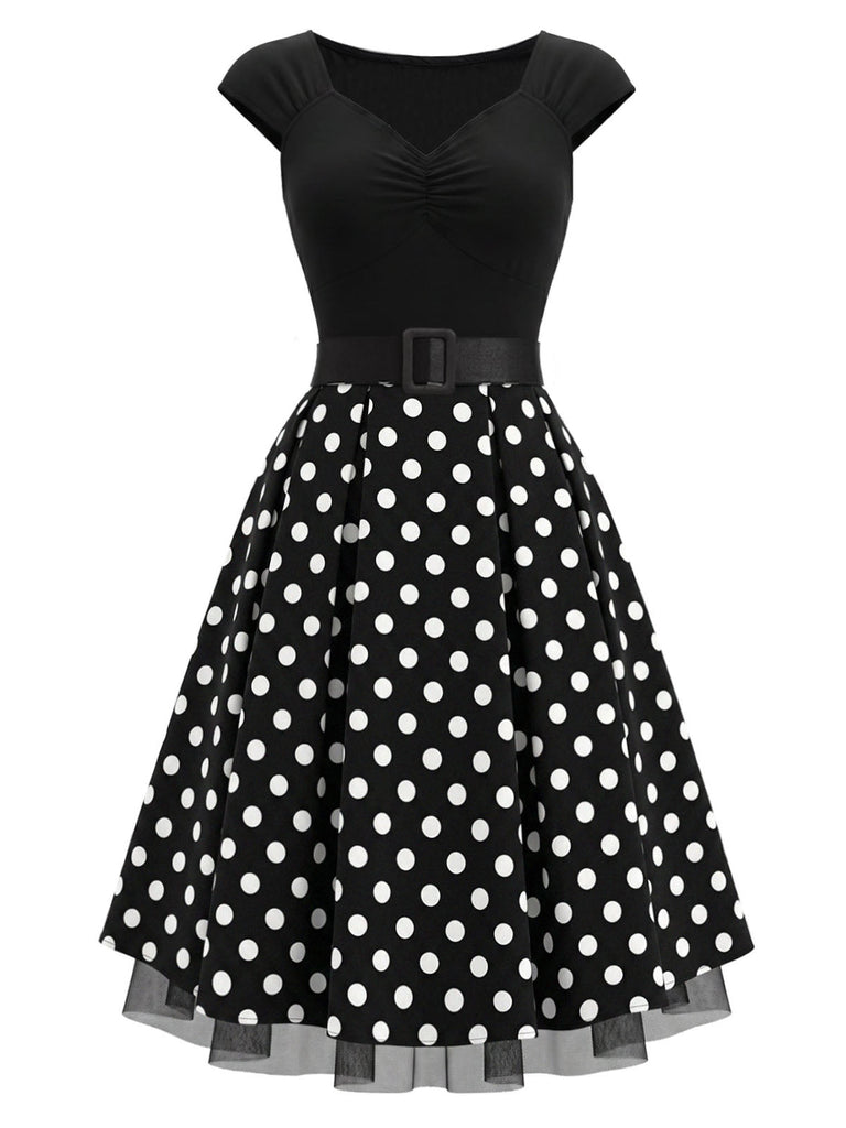[Prevendita] Abito Svasato Nero a Pois in Maglia con Maniche Corte e Cintura Anni '50 2