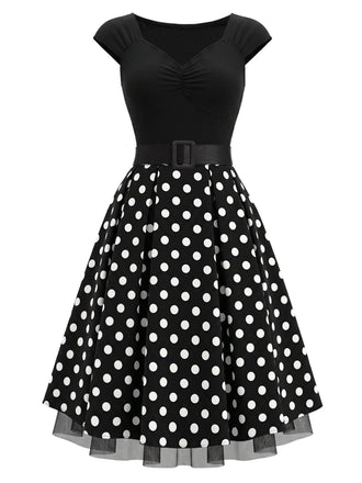 [Prevendita] Abito Svasato Nero a Pois in Maglia con Maniche Corte e Cintura Anni '50 2
