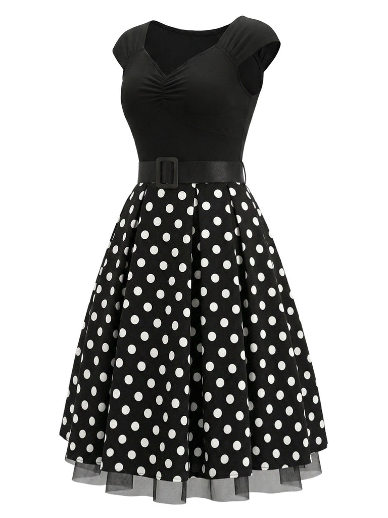 [Prevendita] Abito Svasato Nero a Pois in Maglia con Maniche Corte e Cintura Anni '50 3