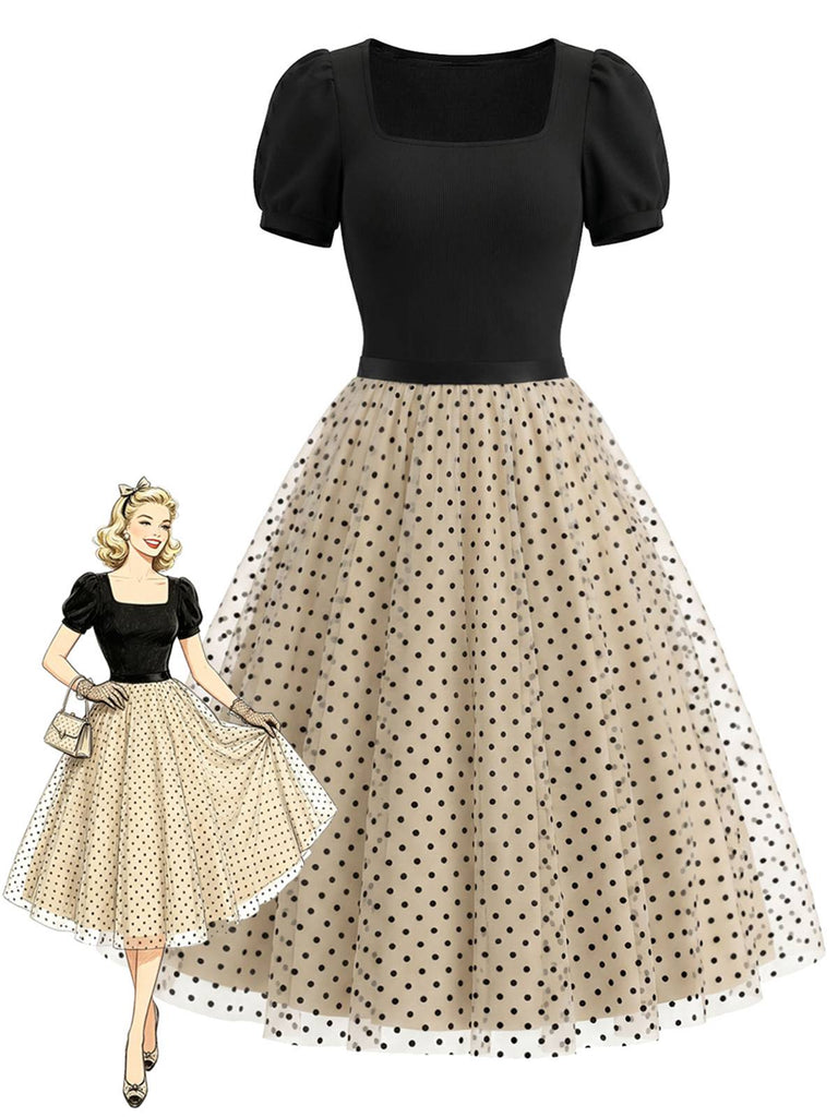 [Prevendita] Set 2 Pezzi Body a Costine Maniche a Sbuffo & Gonna in Tulle a Pois Anni '50
