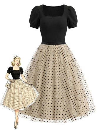 [Prevendita] Set 2 Pezzi Body a Costine Maniche a Sbuffo & Gonna in Tulle a Pois Anni '50