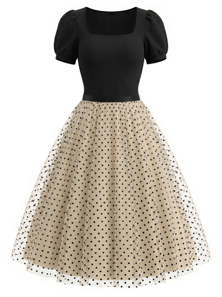 [Prevendita] Set 2 Pezzi Body a Costine Maniche a Sbuffo & Gonna in Tulle a Pois Anni '50 2