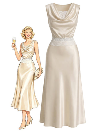[Prevendita] 3 Pezzi Set Collo a Cascata in Raso con Pizzo e Gonna Champagne Anni '20