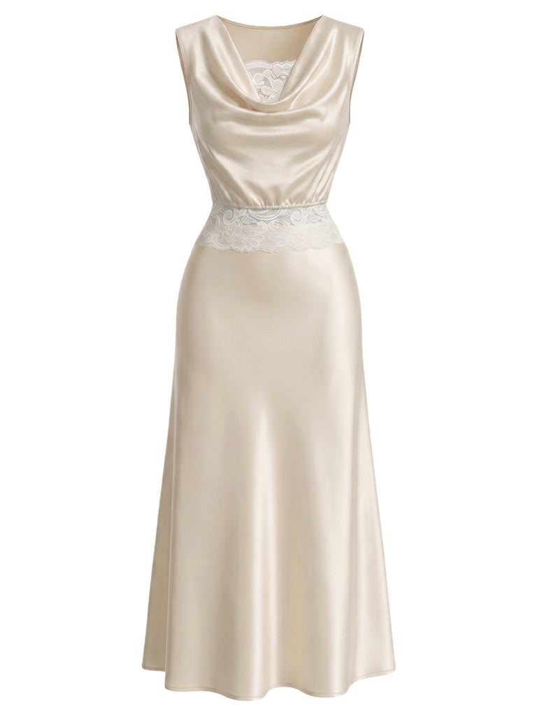 [Prevendita] 3 Pezzi Set Collo a Cascata in Raso con Pizzo e Gonna Champagne Anni '20 3