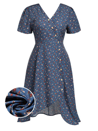 [Prevendita] [Taglia Grande] Abito Longuette a Portafoglio Floreale con Bottoni Blu Scuro Anni '40 2