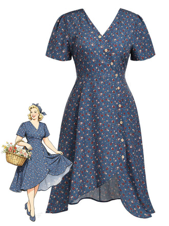 [Prevendita] [Taglia Grande] Abito Longuette a Portafoglio Floreale con Bottoni Blu Scuro Anni '40