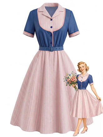 [Prevendita] 2PCS Abito Misty Rose Anni '50 e Pink con Revers a Righe Mock-