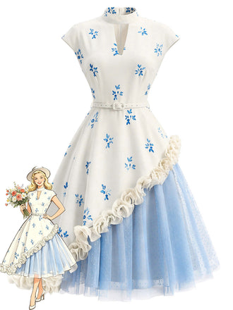 [Pre-Sale] Light Blue Grey 1950s Vintage Polka Dot Halter Dress 1