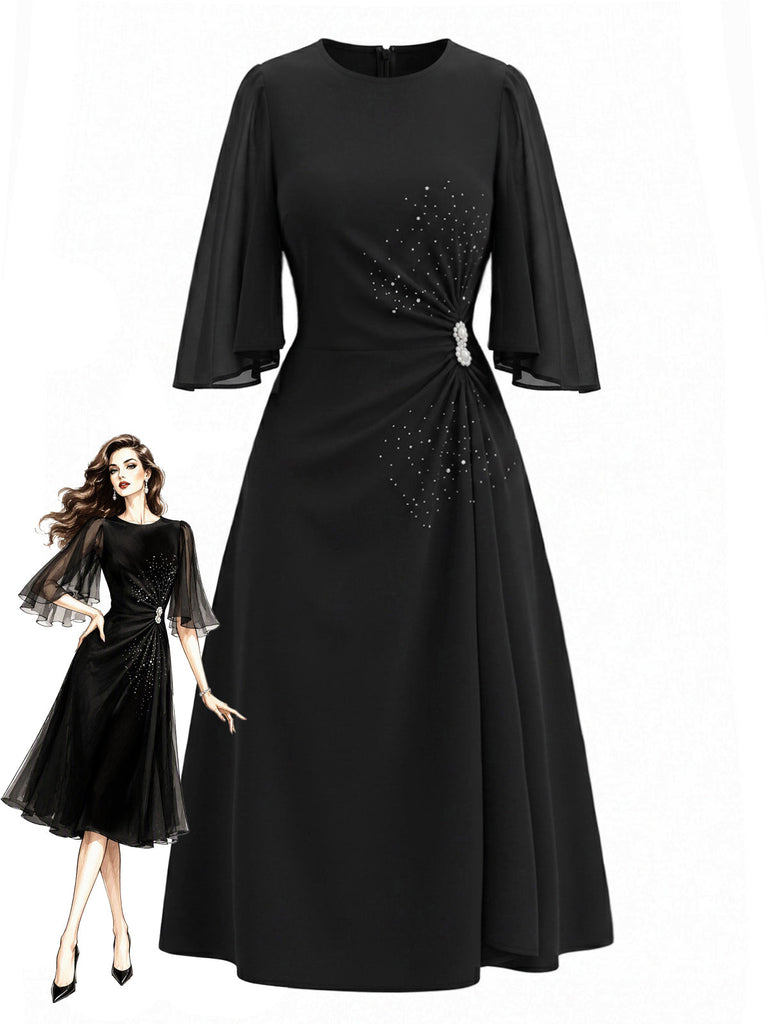 [Prevendita] Abito Nero Anni '40 Scollo Tondo con Strass con Spacco Sleeve