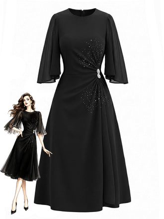 [Prevendita] Abito Nero Anni '40 Scollo Tondo con Strass con Spacco Sleeve