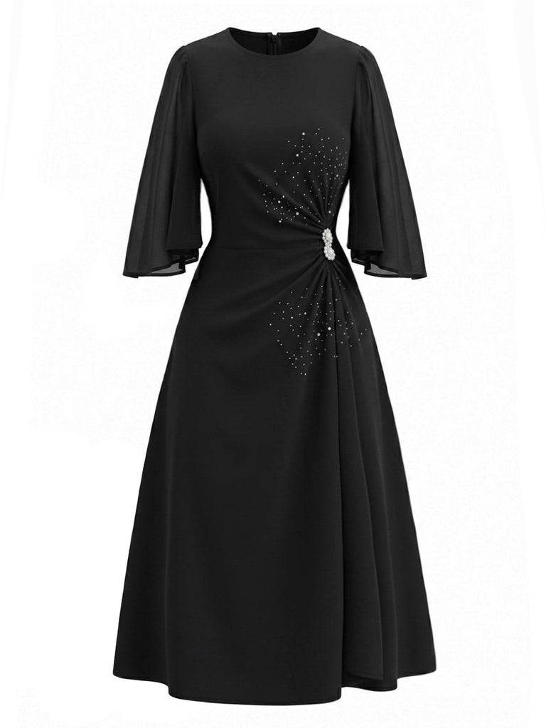 [Prevendita] Abito Nero Anni '40 Scollo Tondo con Strass con Spacco Sleeve 2