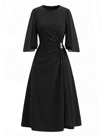 [Prevendita] Abito Nero Anni '40 Scollo Tondo con Strass con Spacco Sleeve 2