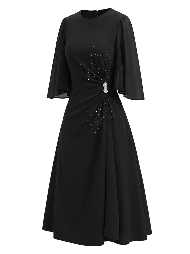 [Prevendita] Abito Nero Anni '40 Scollo Tondo con Strass con Spacco Sleeve 3