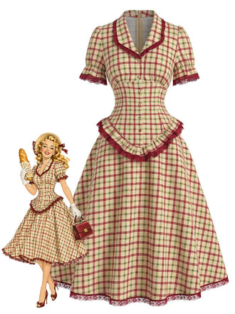 [Prevendita] Set 2 Pezzi Camicetta a Quadri con Pizzo Orlo a Volant & Gonna Linea A Anni '40