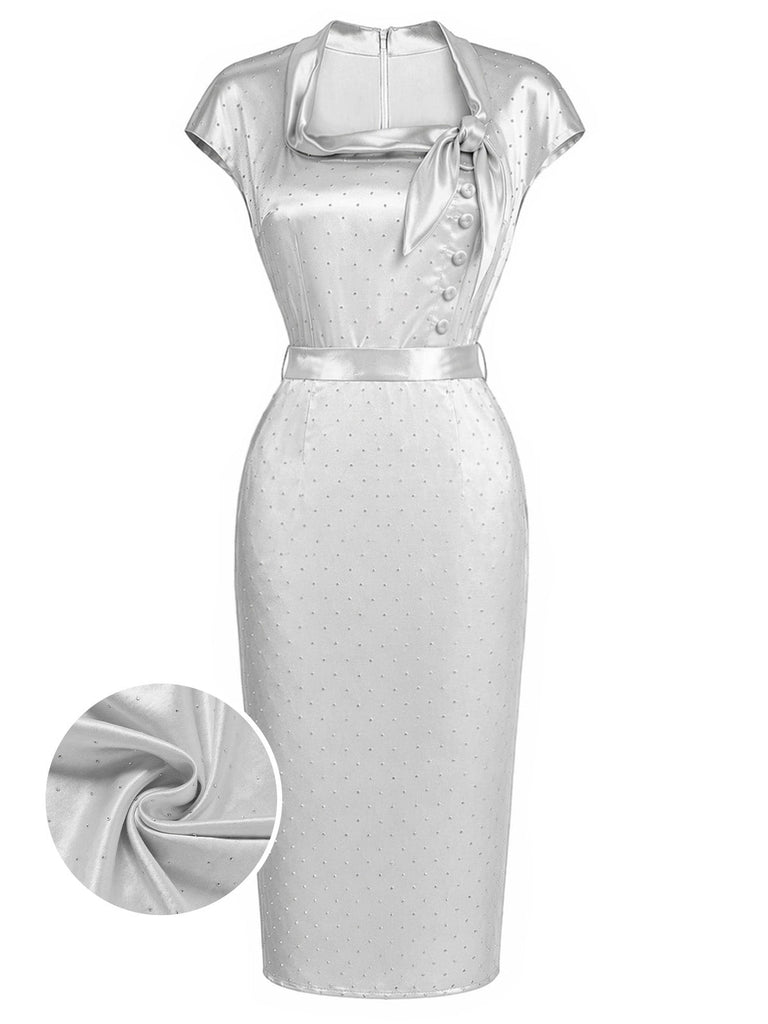 [Prevendita] Abito a Matita Grigio in Raso con Strass Scollatura Trapezoidale Anni '60
