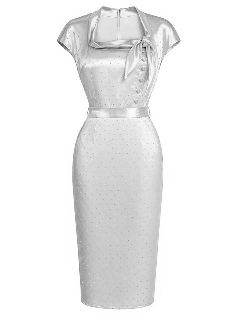 [Prevendita] Abito a Matita Grigio in Raso con Strass Scollatura Trapezoidale Anni '60 2