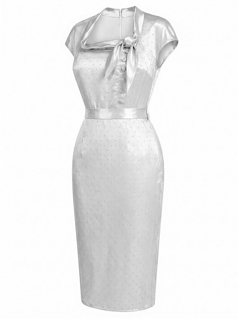 [Prevendita] Abito a Matita Grigio in Raso con Strass Scollatura Trapezoidale Anni '60 3