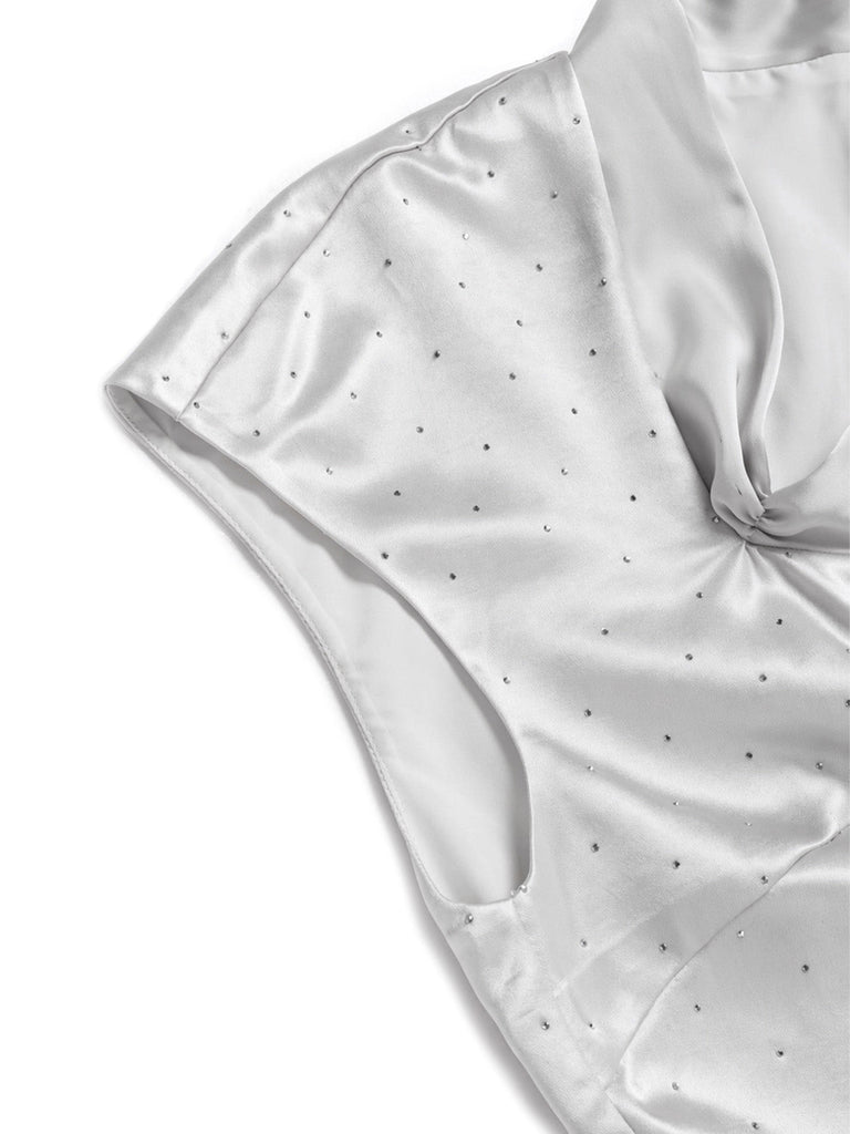 [Prevendita] Abito a Matita Grigio in Raso con Strass Scollatura Trapezoidale Anni '60 5