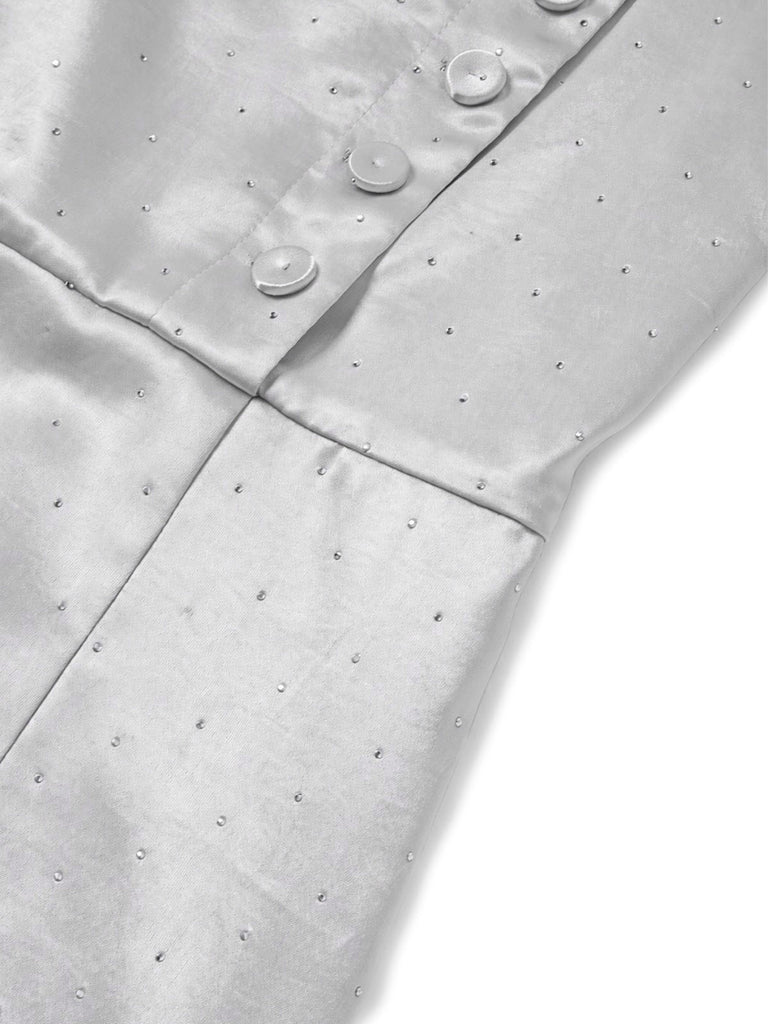 [Prevendita] Abito a Matita Grigio in Raso con Strass Scollatura Trapezoidale Anni '60 6